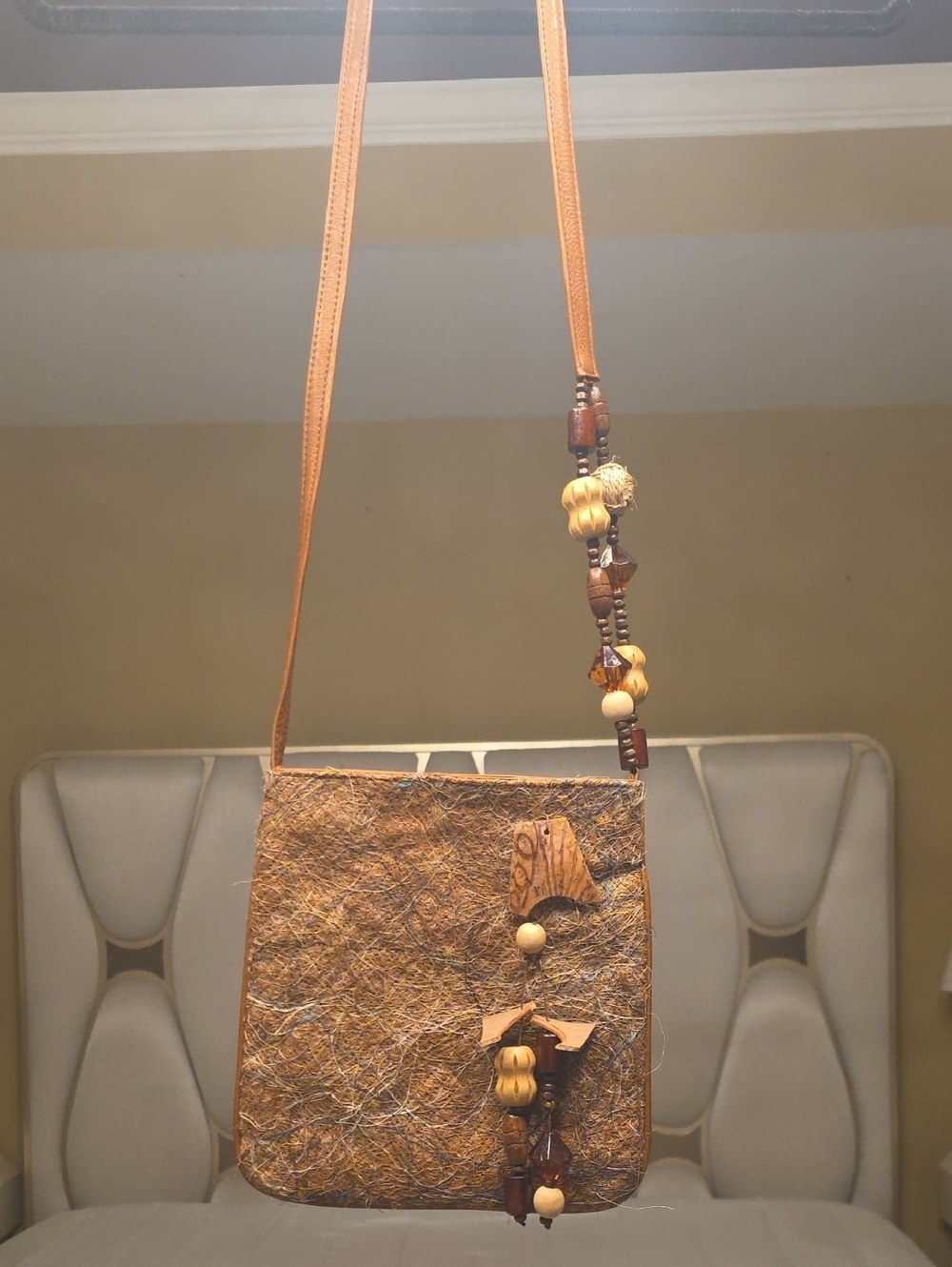 Monica Henao Leather Artisan Brown Bead-Embellished Crossbody Bag  Colombia
